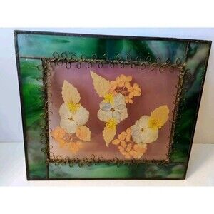 Vtg Stained Glass Pressed Flower Frame Suncatcher Slag Glass Boho Cottagecore